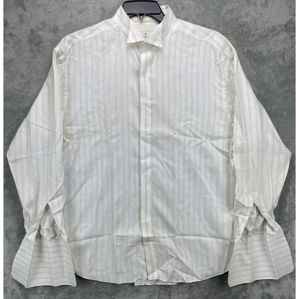 Ermenegildo Zegna Mens Dress Shirt 17.5/44 Cream Striped French Cuff Wing Collar